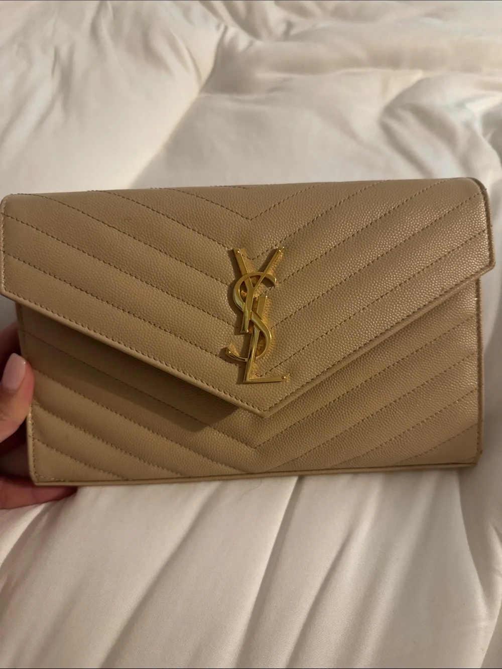 Saint Laurent Tan Quilted Leather Envelope Clutch with Gold YSL Logo